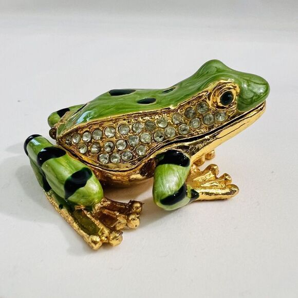 Jeweled Keepsake Enamel Green Frog Hinged Trinket Box Metalic Paperweight - Picture 3 of 10